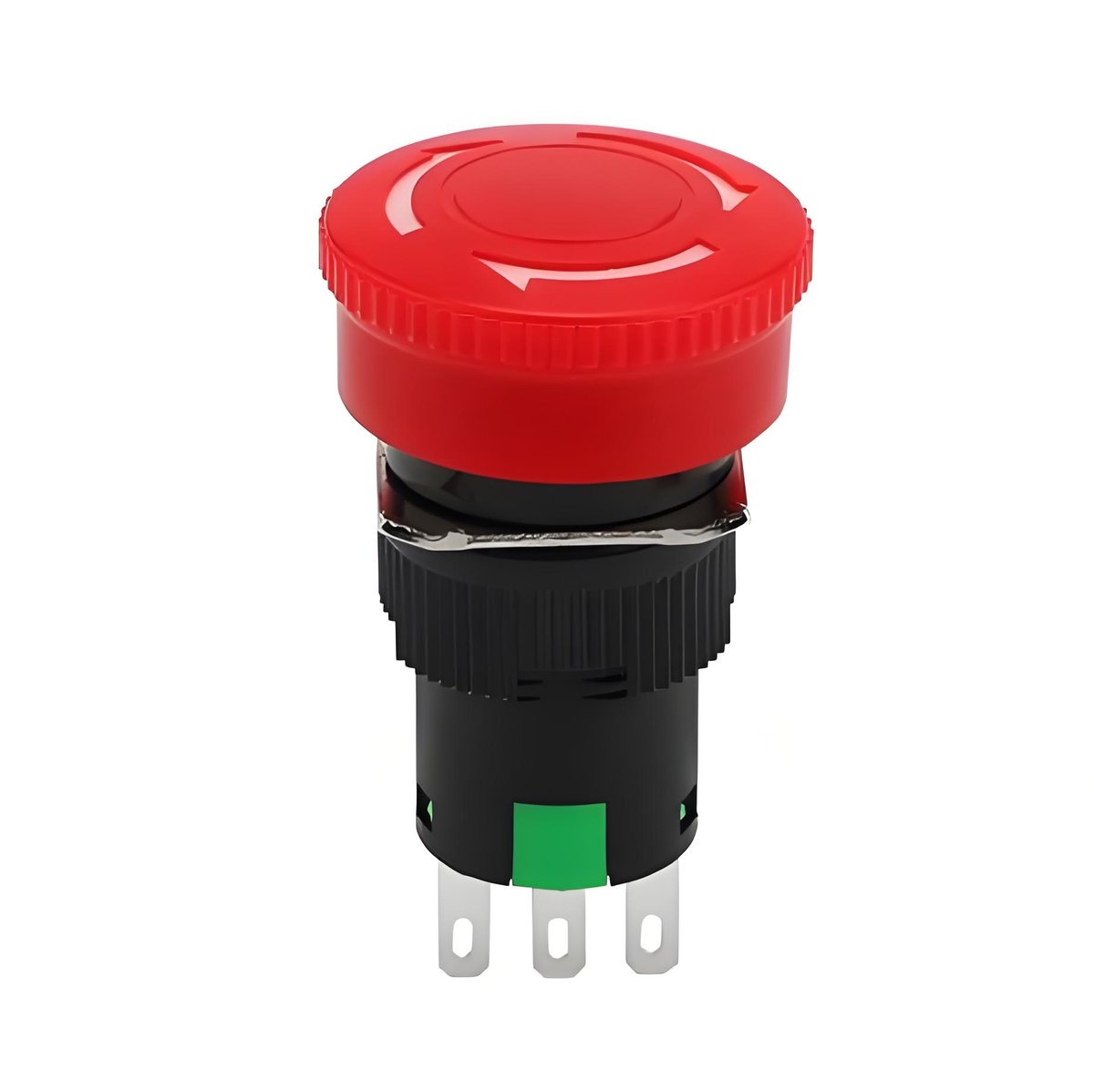 Red mushroom-head emergency stop button on a yellow industrial background