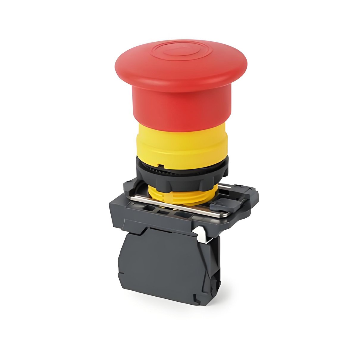 Side-by-side comparison of an emergency stop button and a normal push button