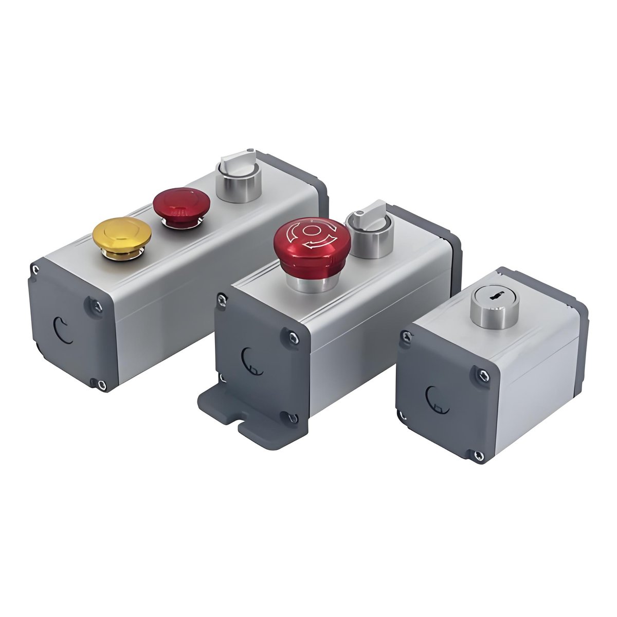IEC-compliant emergency stop device showing direct opening action contacts