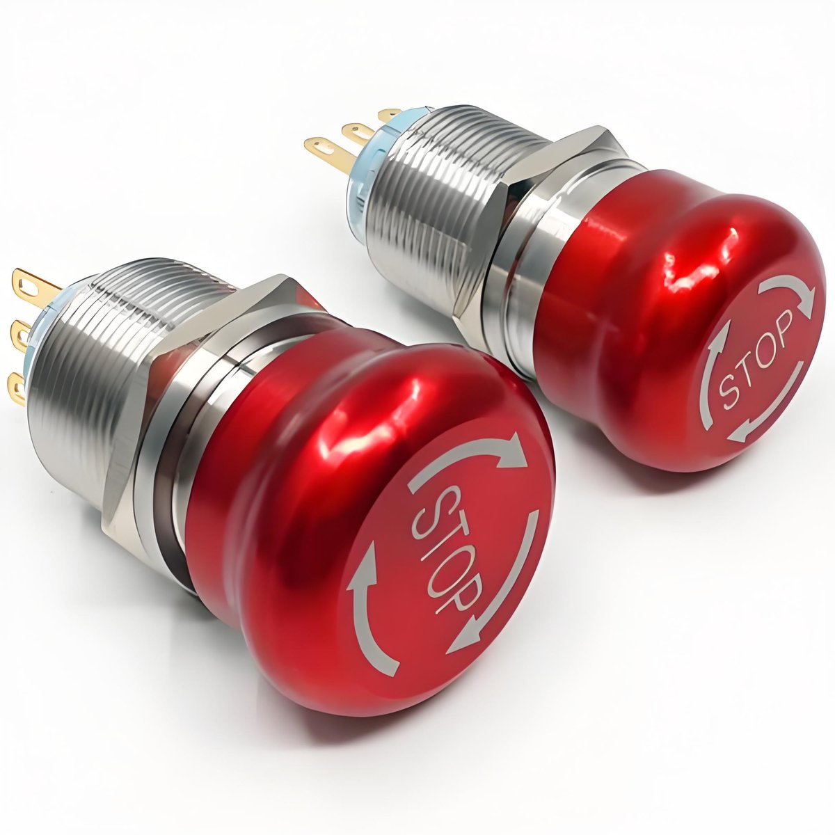 Engineer selecting a 22 mm emergency stop button for an industrial control panel